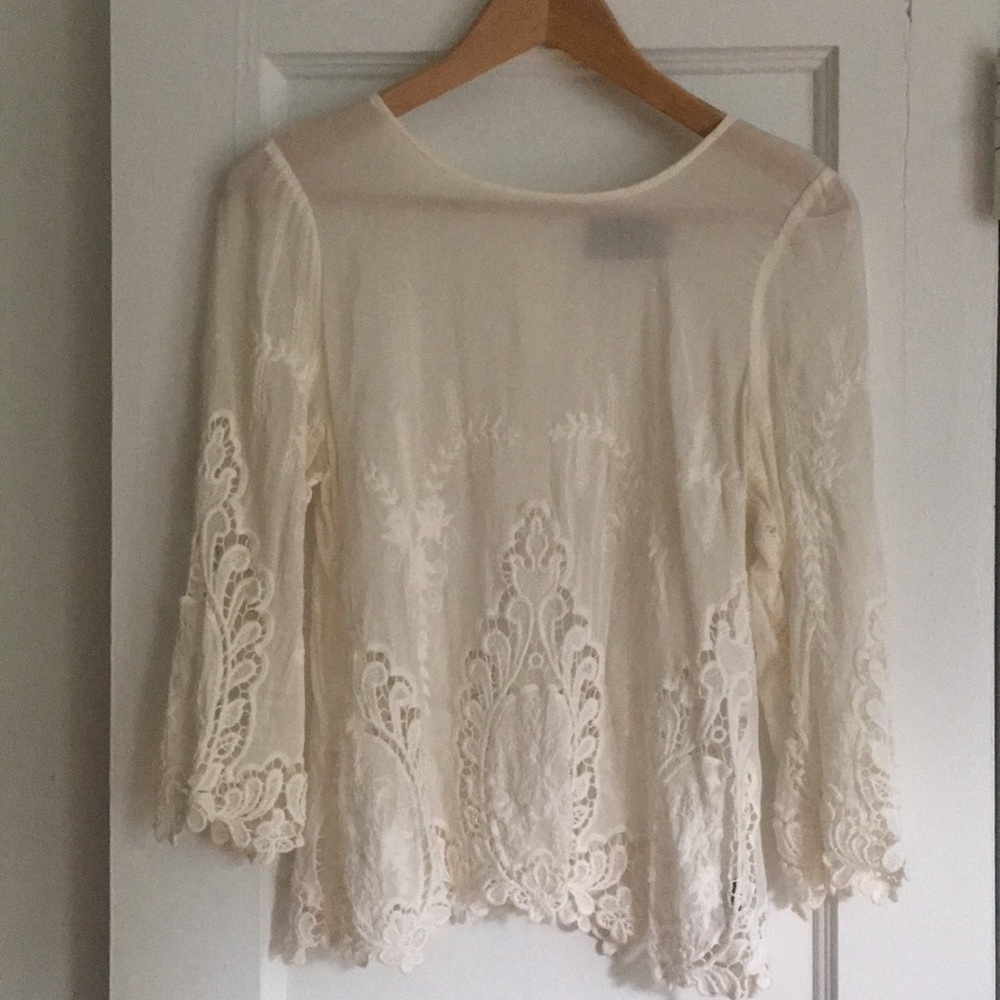 Anthropologie White Lace 3/4 Sleeve Blouse